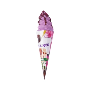 Purple PU artificial soft serve ice cream cone with chocolate sauce on white background