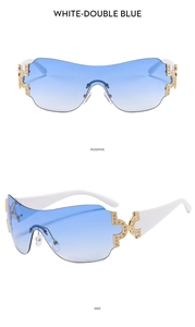 Detail of Y2K rimless sunglasses with rhinestone accents and blue gradient lenses