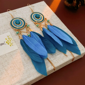 Detail of bohemian feather earrings with teal plumes and turquoise beaded accents