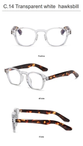 Three-angle view of round clear white glasses with tortoiseshell temples for a retro look
