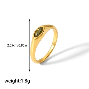 Detail of 18K gold stainless steel ring with marquise olive gem showing 2.05cm height and 1.8g