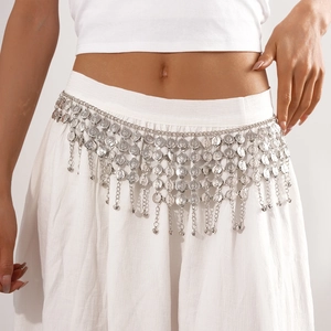 Silver multi-layer coin fringe waist chain belt with vintage geometric pendants