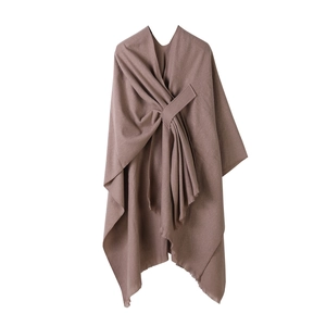 Brown mocha solid color cashmere poncho cape with fringe tassels and front knot tie
