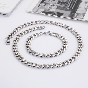 Ensemble collier et bracelet maille gourmette en acier inoxydable poli argenté