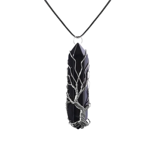 Natural black crystal hexagonal pillar pendant with handmade silver wire tree of life wrap