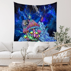 Detail showing surreal psychedelic mushroom tapestry on modern living room wall decor
