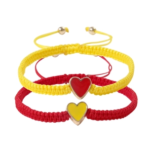 Minimalist adjustable heart charm braided rope bracelet set in vibrant red and yellow