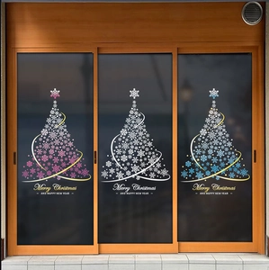 Three-color snowflake Christmas tree window stickers in pink, white, and blue tones