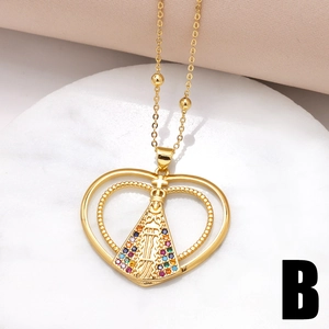 Gold heart necklace featuring Our Lady of Aparecida pendant with colorful rhinestones