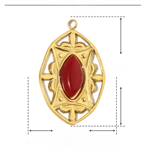 Detailed view of red agate stone pendant in gold stainless steel frame with dimensions