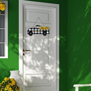 Wanddeko Pickup im Buffalo-Karo-Design mit Sonnenblumen und rustikaler Kordel