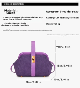 Detailed sizing chart and dimensions for the purple suede shell crossbody handbag