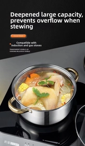 Detail of stainless steel soup pot with gold handles showing chicken and corn stew inside