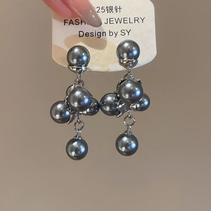 Detailed view of cluster gray pearl drop earrings with S925 silver needles