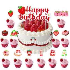 Strawberry theme birthday cake toppers and cupcake picks set with Happy Birthday banner
