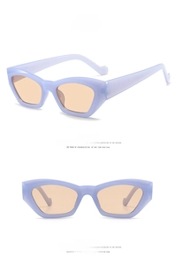 Dettaglio degli occhiali da sole cat-eye blu gelatina con montatura viola e lenti arancioni