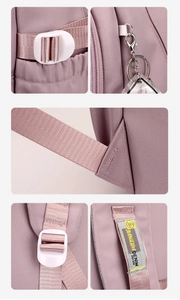 Detailed views of purple nylon backpack including stitching, buckle and metal hooks