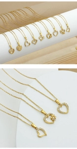 Detailed views of gold heart necklaces featuring sparkling zircon inlays and O-chains