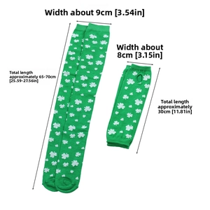 Detailed view of St. Patrick's Day green socks and arm warmers with clover patterns