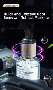 Close-up of glass car diffuser bottle with wood cap in car cup holder with aura effect