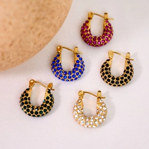 French style gold plated stainless steel hoop earrings with colorful cubic zirconia