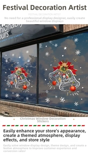 Close-up of Christmas window stickers featuring white reindeer, bells and festive snowflakes