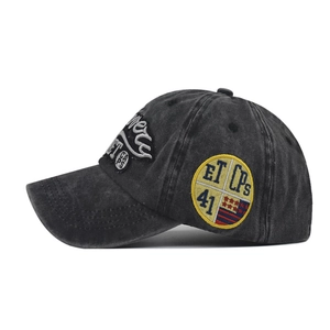 Vintage washed charcoal cotton baseball cap with retro 3ET embroidery and side patches