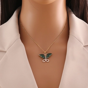 Fashionable gold stainless steel necklace with a green zircon butterfly pendant