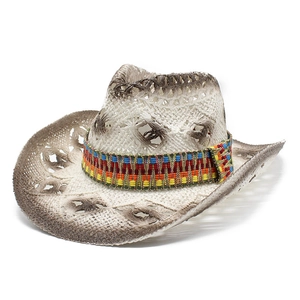 Straw Cowboy Hat Paper Hollow Out Breathable Western Style Ethnic Band Summer Sun Protection Beach Travel Outdoor