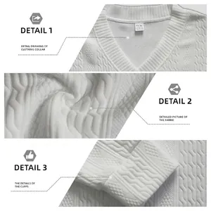 White V-neck knitted sweater featuring textured jacquard patterns and ribbed cuffs detail