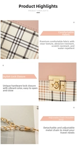 Detail of pink plaid bag showing woven fabric texture, gold twist lock and metal chain