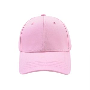 Detail of light pink cotton baseball cap with six-panel crown and curved brim for kids