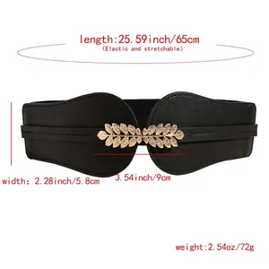 Black elastic waist belt for women with a decorative golden leaf metal buckle on front