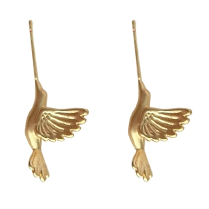 Artistic golden hummingbird stud earrings with matte finish and detailed feather texture