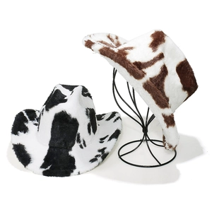 Chapeau de Cowboy de l'Ouest en Peluche Imprimé Vache pour Femme Automne Hiver Chaud Fausse Fourrure Fedora Jazz Costume de Fête