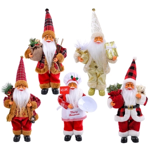 Five standing Santa Claus figurines in red, gold, and plaid outfits for holiday decor
