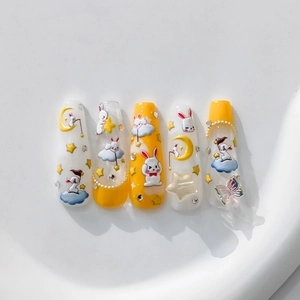 3D relief rabbit and star press-on nail set with pearls and star charms in yellow and white