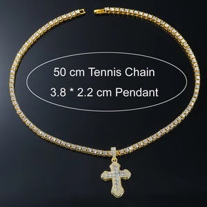 Detail view of 50cm golden tennis chain with iced-out 3.8x2.2cm cross pendant