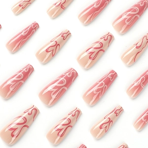 Pink heart gradient long ballerina press-on nails with sweet marble swirl designs
