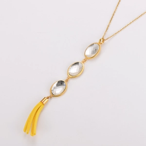 Minimalist gold stainless steel necklace with crystal pendant and yellow tassel