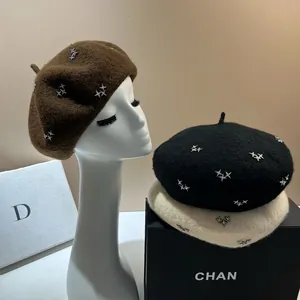 Women Wool Beret Hat With Star Rhinestone Korean Style Sweet Autumn Winter Warm Painter Pumpkin Cap For Girls Daily Accessories