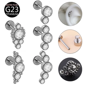G23 Titanium Labret Studs Lip Rings Cubic Zirconia Internally Threaded Flat Back Piercing Jewelry For Women Men Simple