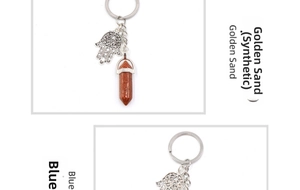 Detail of Hamsa Hand keychain featuring golden sand stone and blue turquoise crystal pillars