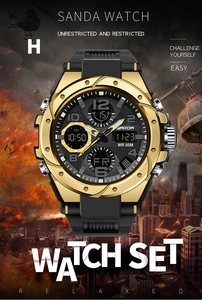 Detail of SANDA tactical sport watch dial with dual time display and 50M water resistance