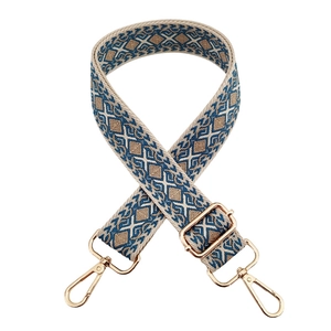 Ethnic geometric jacquard wide shoulder strap with golden metal swivel hooks