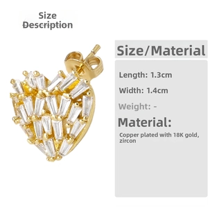 Detail showing 18k gold heart earrings with zircon and dimensions 1.3cm by 1.4cm