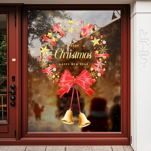 Christmas wreath glass door sticker with red bow and gold bells for shop window decor