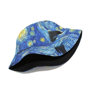 Detailed view of the Van Gogh Starry Night oil painting print on a reversible bucket hat