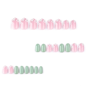 Lot de 24 faux ongles courts ronds avec motifs floraux roses et tons vert clair