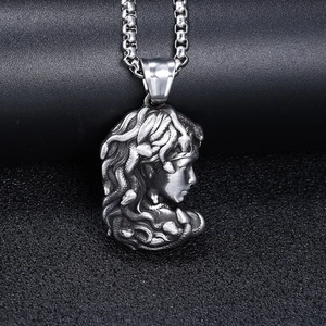 Silver Medusa head pendant necklace in stainless steel with retro relief details